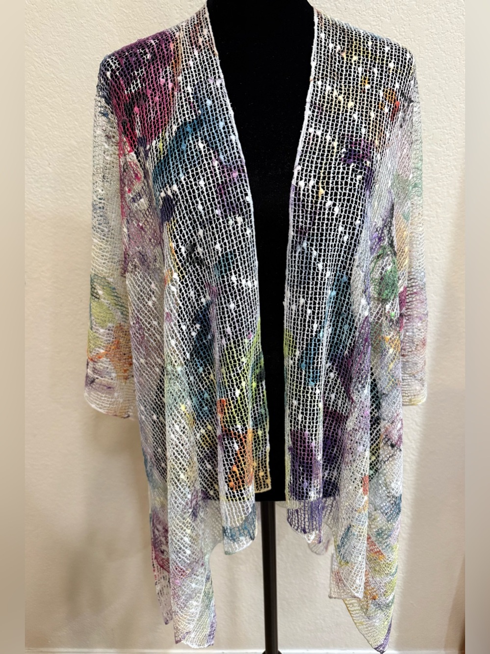 Jess and Jane Open-Front White Mesh Cardigan with Multicolor Abstract Accents